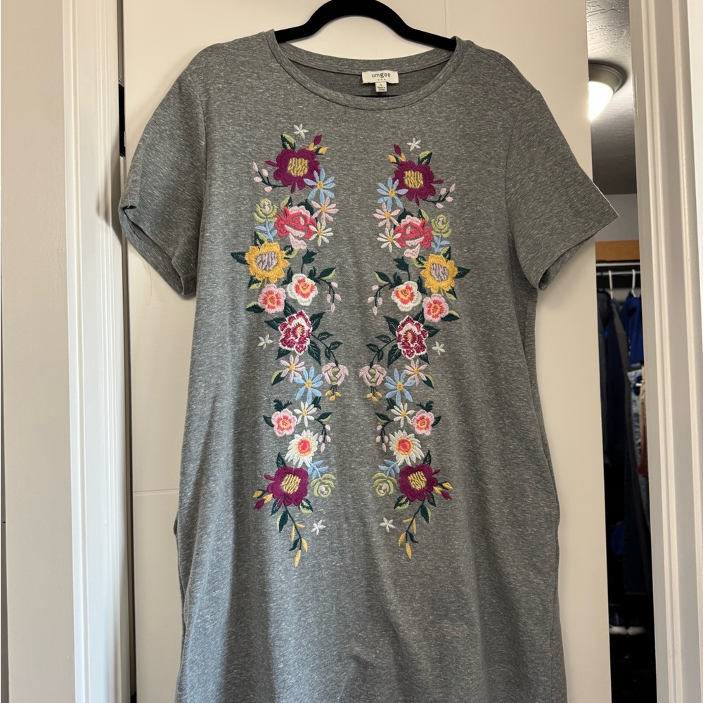 Gray Floral Embroidered Umgee T Shirt Mini Dress/Tunic Top